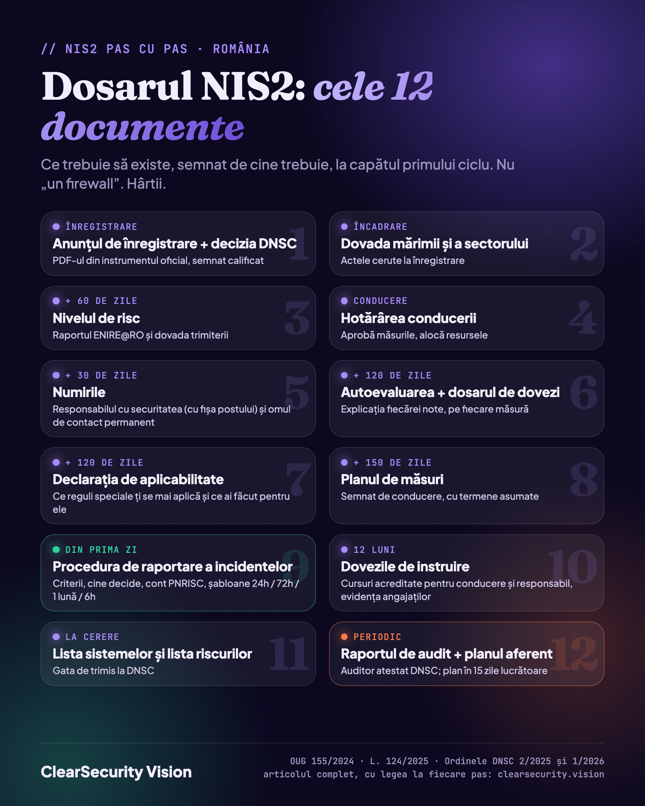 Infografic: dosarul NIS2, cele 12 documente, de la anunțul de înregistrare și decizia DNSC până la raportul de audit.